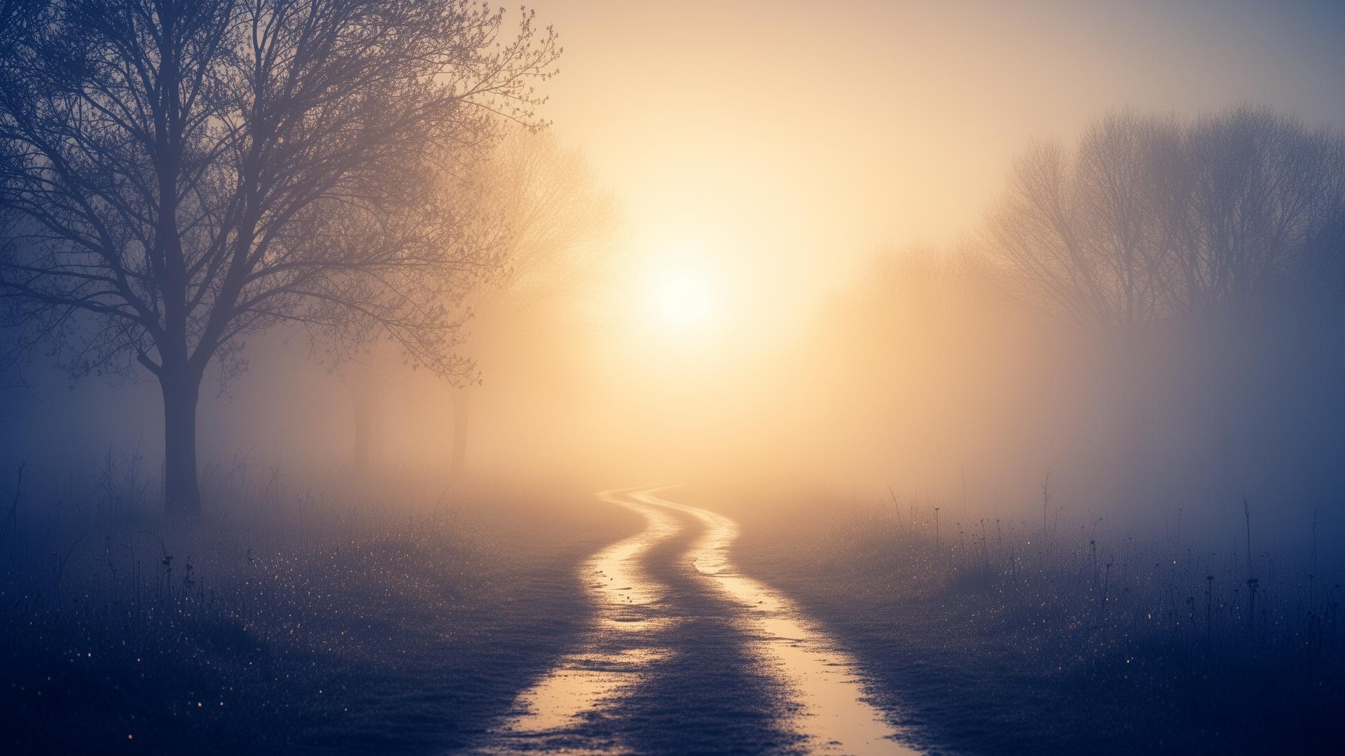 A misty path at sunrise leading forward